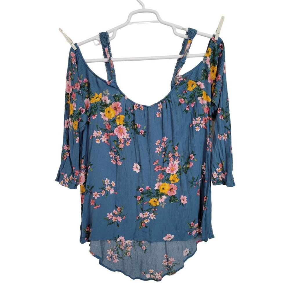Torrid 3 Size 3X Top Floral Cold Shoulder Crinkle Adjustable Lace Straps Blue - Picture 2 of 9